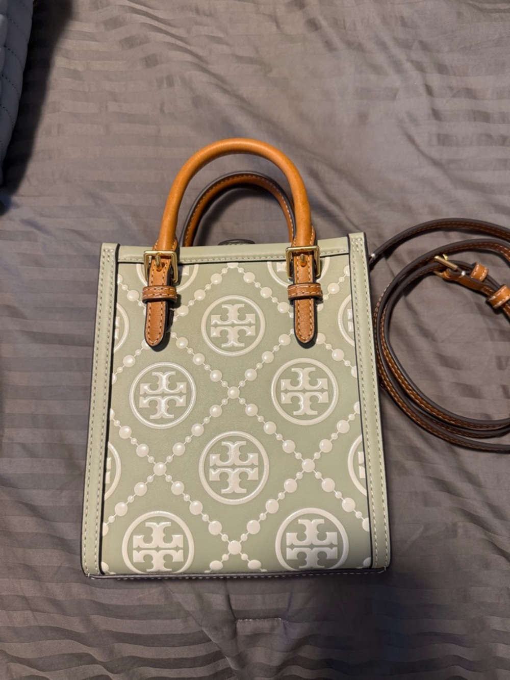 Tory Burch Sage Green Logo-Print Mini Tote with Tan Handles